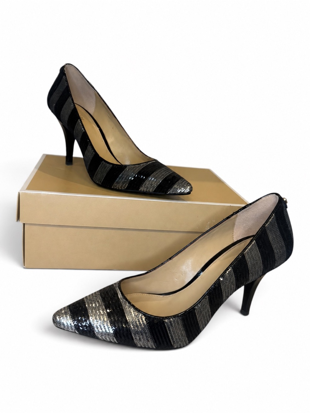 Michael Kors Flex Mid Black Silver Sequin Stripe Pumps Size 8.5M
